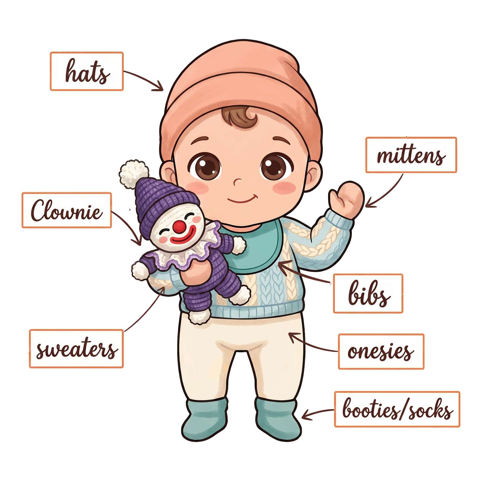Many Creative Gifts baby pattern diagram — click a label to shop